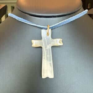 Vintage Carved White Onyx 2” Cross Pendant On Blue Suede Cord